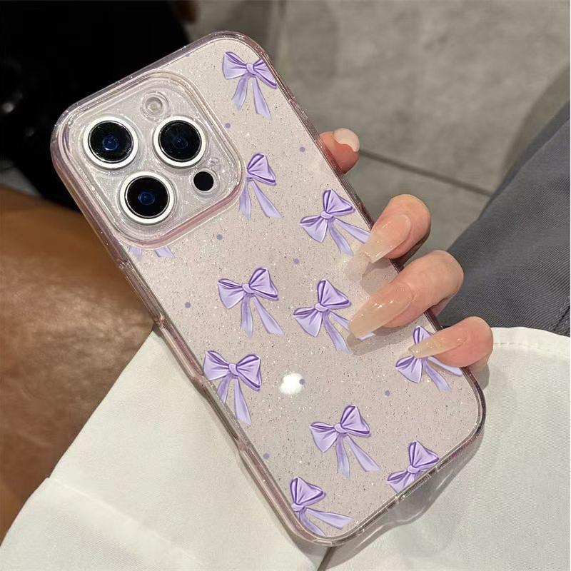Purple Polka Dot Bowknot Glitter Clear Phone Case For iPhone 17 16 15 14 13 12 11 Pro Max XS XR X 7 8 Plus 16E 17E 17 Air Cover