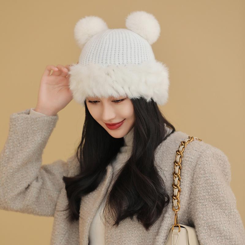 

Autumn and winter cute bear ears wool hat women s plush warm fluffy autumn and winter big head circumference knitted hat білий