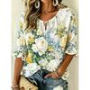 Women's Pink Floral Embroidered Tie Neck Blouse, Casual Loose Tops for Spring Summer Daily Wear & Vacation Occasions
