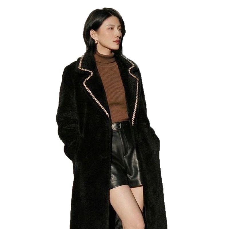 Retro Style Black Long Double-sided Woolen Jacket Women's Suit Collar Waist Coat Temperament Celebrity High Sense