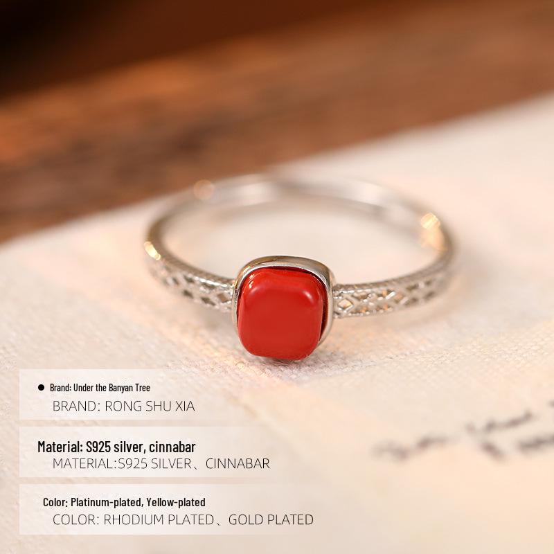 Banyan Tree S925 Silver Cinnabar Red Ring: Retro Chinese Luxury Hollow Design for Women