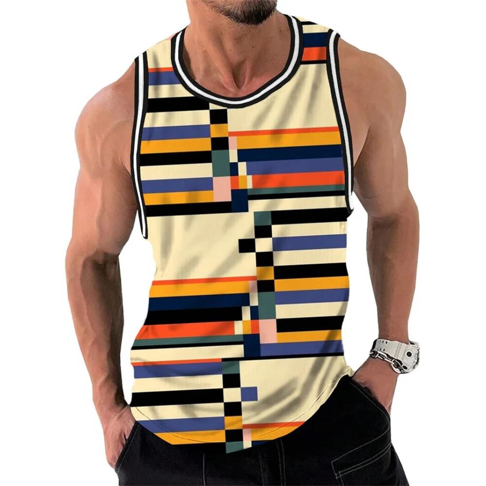 Mens Retro Stripe Graphic Vest Fashion Summer Sleeveless Casual 3D Printed Vest Loose Soft Comfortable Breathable Vest