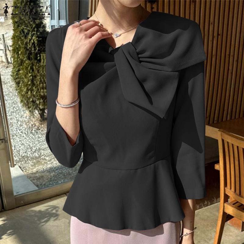 

ZANZEA Женская повседневная однотонная летняя блузка с круглым вырезом и рукавами 3/4