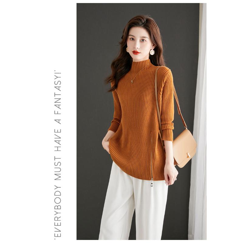 

Свитер-водолазка средней длины для женщин, осень-зима 2025, новый стиль, с разрезом, облегающий, подчеркивающий фигуру, трикотажный топ XXXL