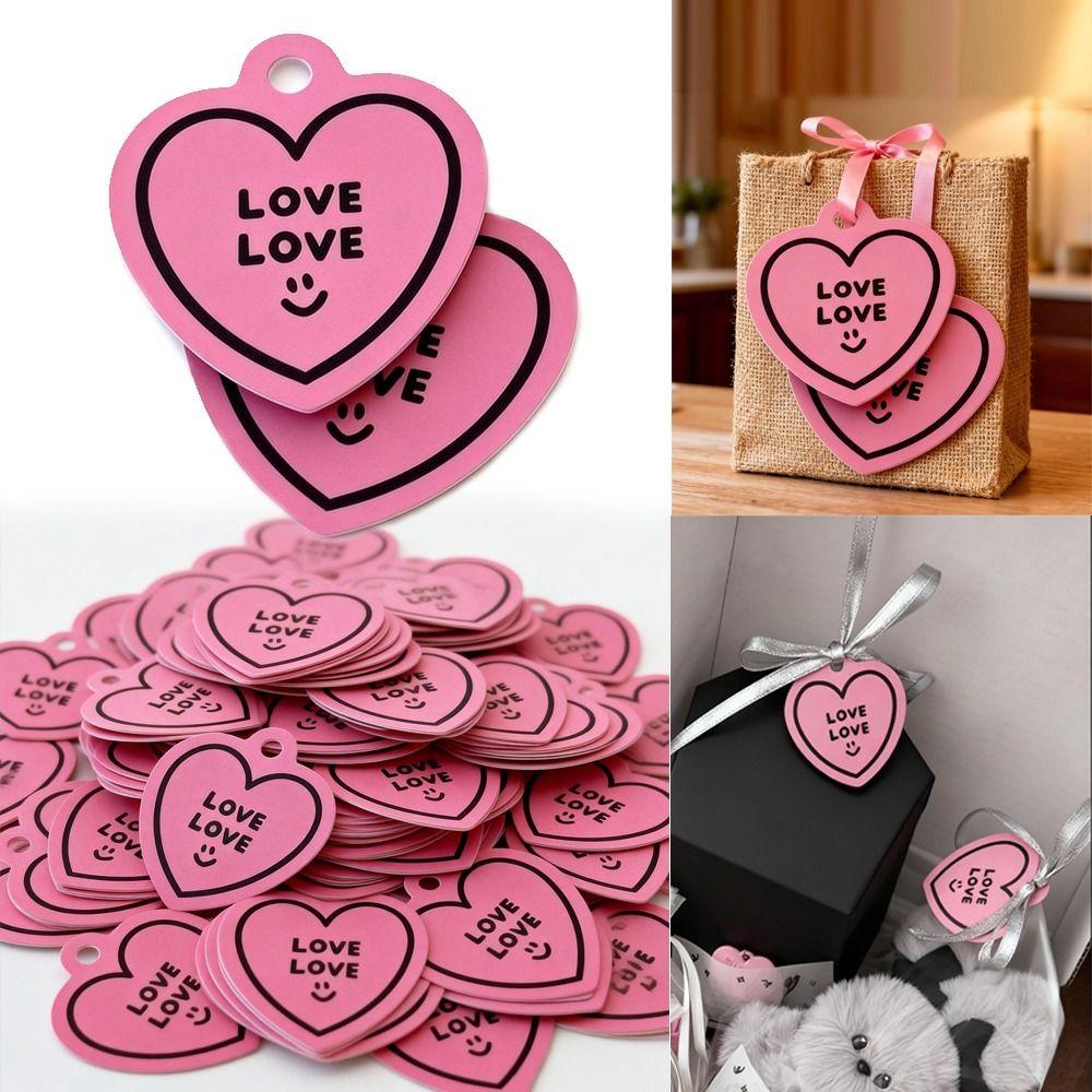 50pcs Heart Shaped Cards Valentine's Day Tags Pink Paper Hanging Decoration Gift Labels DIY Crafts Cake Decor Tag