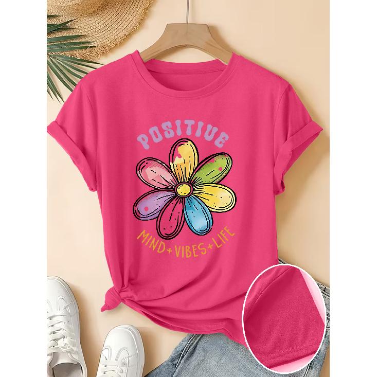 Women's Elegant Short-Sleeve Gift with Rainbow Daisy Positive Energy Quote Print Pattern and Vintage Round Neck T Fresh and Natural Style