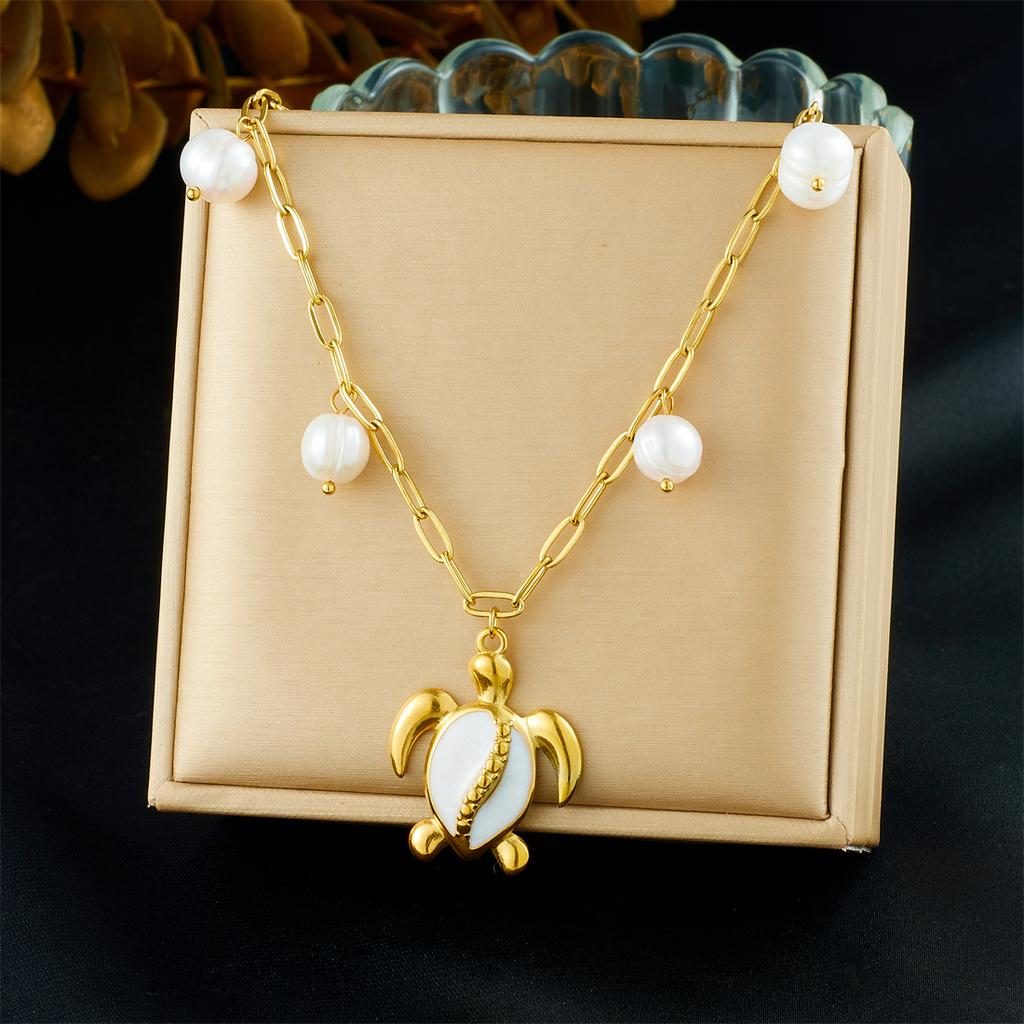 DIEYURO 316L Stainless Steel White Dripping Oil Animal Turtle Pearl Pendant Necklace Lady Fashion Neck Chain Jewelry Gift
