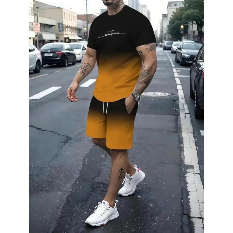 New Men's Summer Street Trendy Letter Printed Comfortable Breathable Round Neck T-shirt Shorts Set Outdoor High Street Clothing