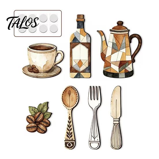 Kitchen Wall Decor 7Pcs Farmhouse Coffee Themed Wooden Decor, 2D Flat Art Theme Plaques, Retro Rustic Ornaments for Home Dining Room Cafe Decoration