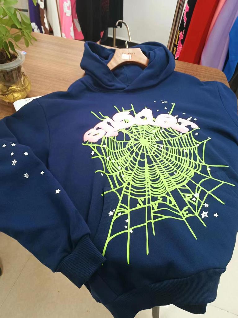 European and American Trendy Brand Sp5der Spider Web Print Hooded Sweater for Men and Women Loose Heavy Fleece Hip Hop Couple Hoodie