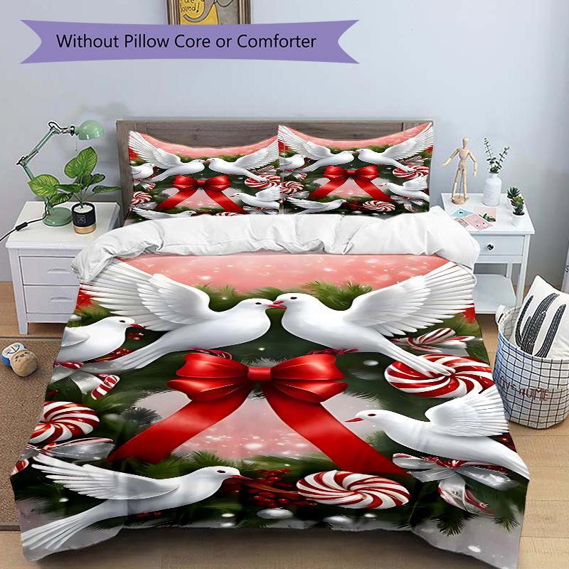 3pcs Christmas Holiday Wreath with Doves and Candy Canes, Festive Decoration Set Including One Quilt Cover and Two Pillowcases (No Core)
