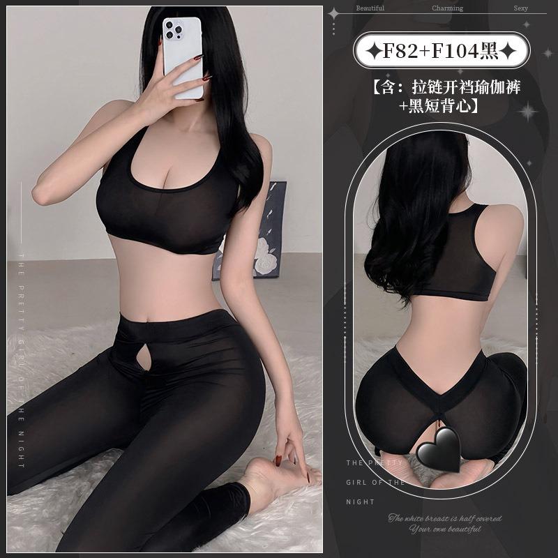 New pure desire hot lingerie couple silky zipper open crotch yoga elastic tight uniform temptation suit