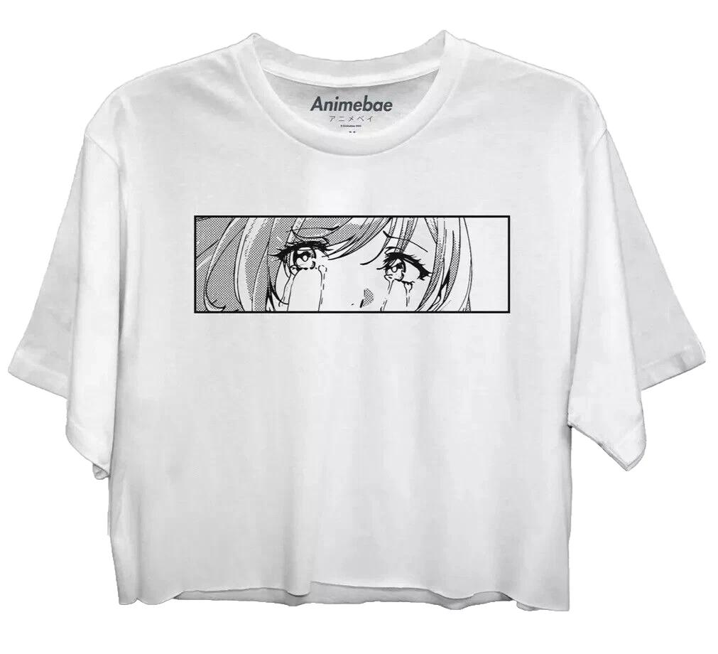 Animebae Juniors Sad Eyes White Crop T-Shirt NWT M, L 3XL