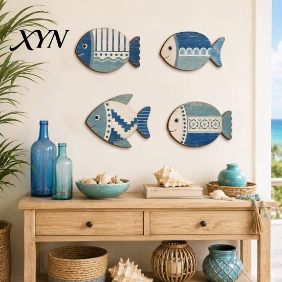 Unique Gift for Beach Lovers 4PCS Wooden Fish Wall Decoration, Rustic Mediterranean Style Hanging Plaques, Blue White Vintage Wood Craft Entryway