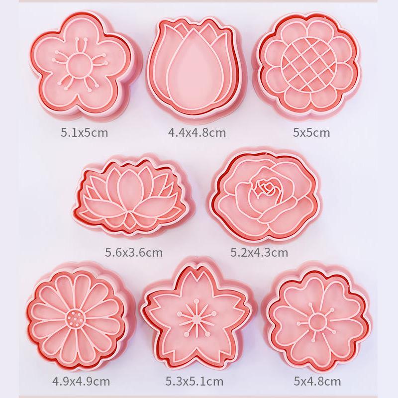 8 Pcs Flowers Biscuit Mold 3D Chrysanthemum Cherry Blossom Plum Pattern Food-grade PP Sweet Pastry Biscuit Molds Home Kitchen Baking Mold Tool