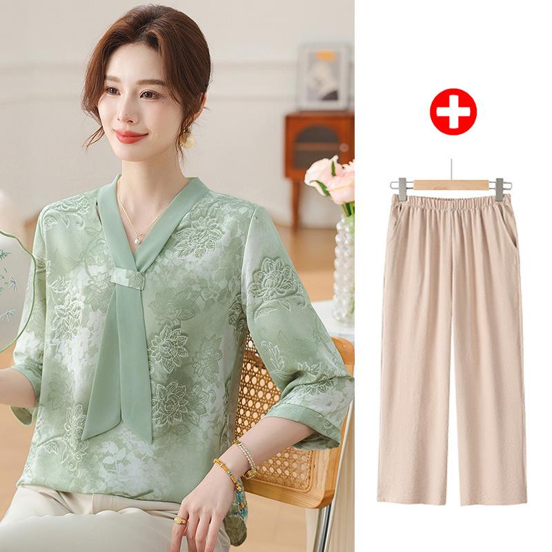 Fashion Printed Spring and Autumn Shawl Collar Women's Fashion Floral Checked Mid Sleeved Loose Chiffon Tops