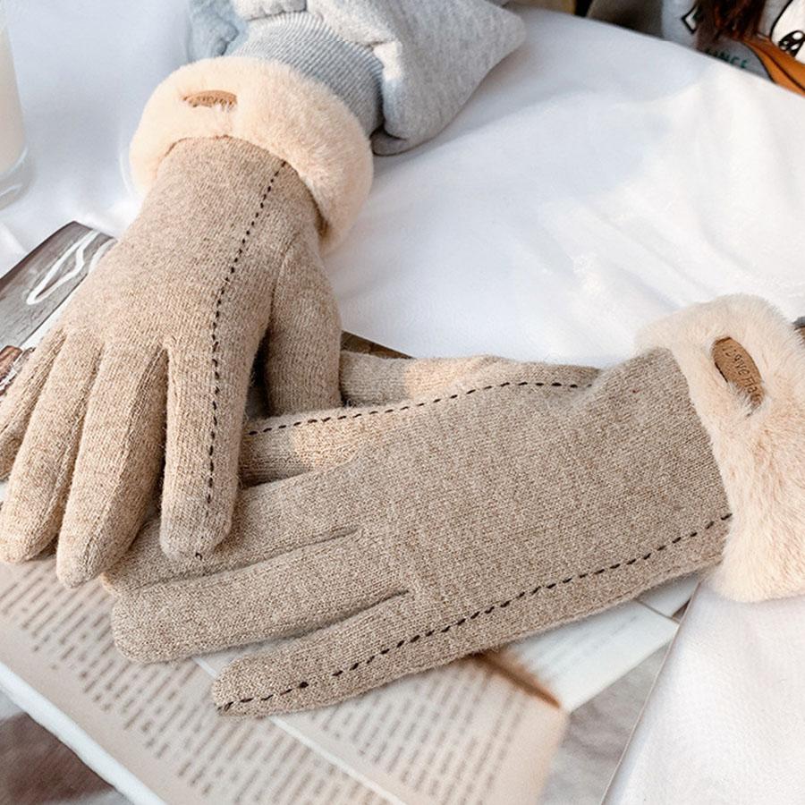 Winter Gloves Women Girl Cashmere Touch Screen Warm Gloves Elegant Outdoor Riding Wool Bow Full Cotton Finger Driving Mittens