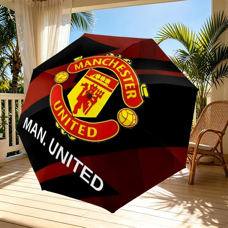 Manchester Football Print Automatic Open Close Umbrella, Portable Foldable Umbrella, for Outdoor Commute Camping Trip, Ideal Birthday Gift