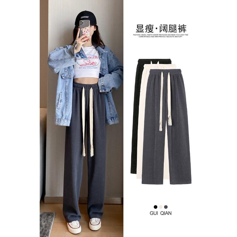 

Drawstring chenille wide-leg pants women s spring and summer thin new high-waisted loose-hanging and thin straight floor-mopping casual pants S серый