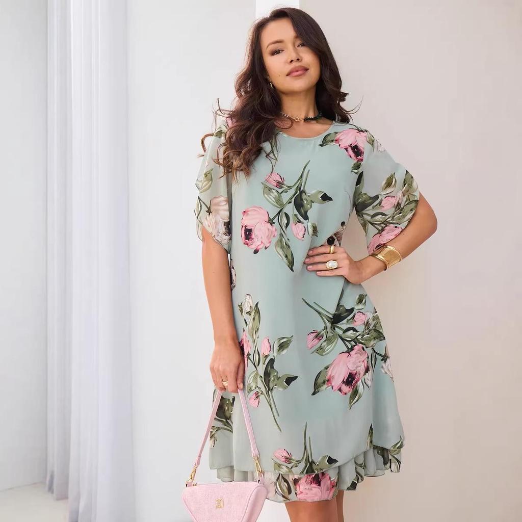 2026 Floral Short-sleeved Mid-length Dress for Women: European & American Style