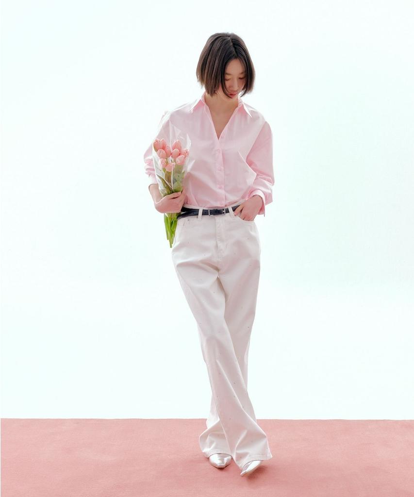 Okuka Shiny Wide Denim Pants - White