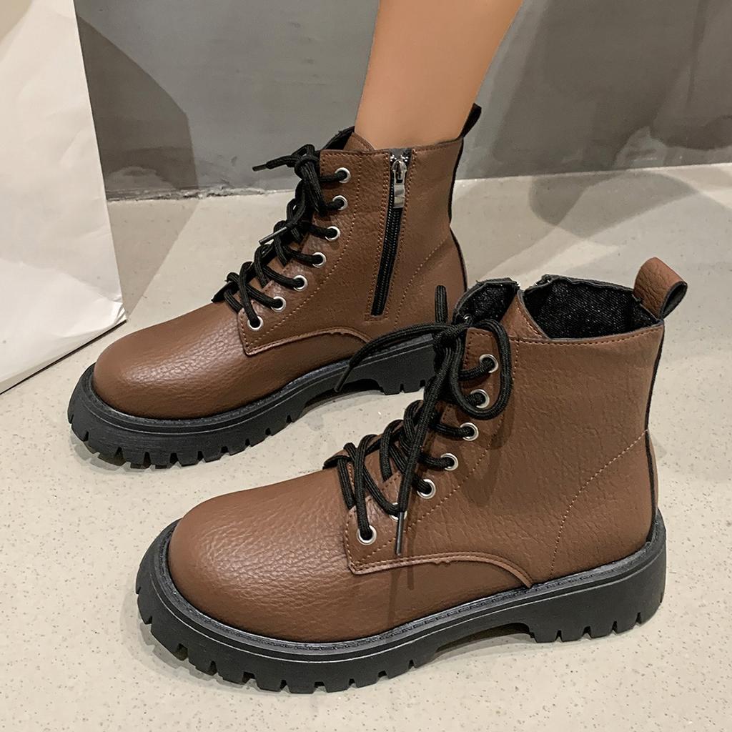Fashion New Round Toe Lace-up Sexy Thick Sole Casual Work Boots Winter Side Zipper Comfortable Non-slip Riding Boots for Women