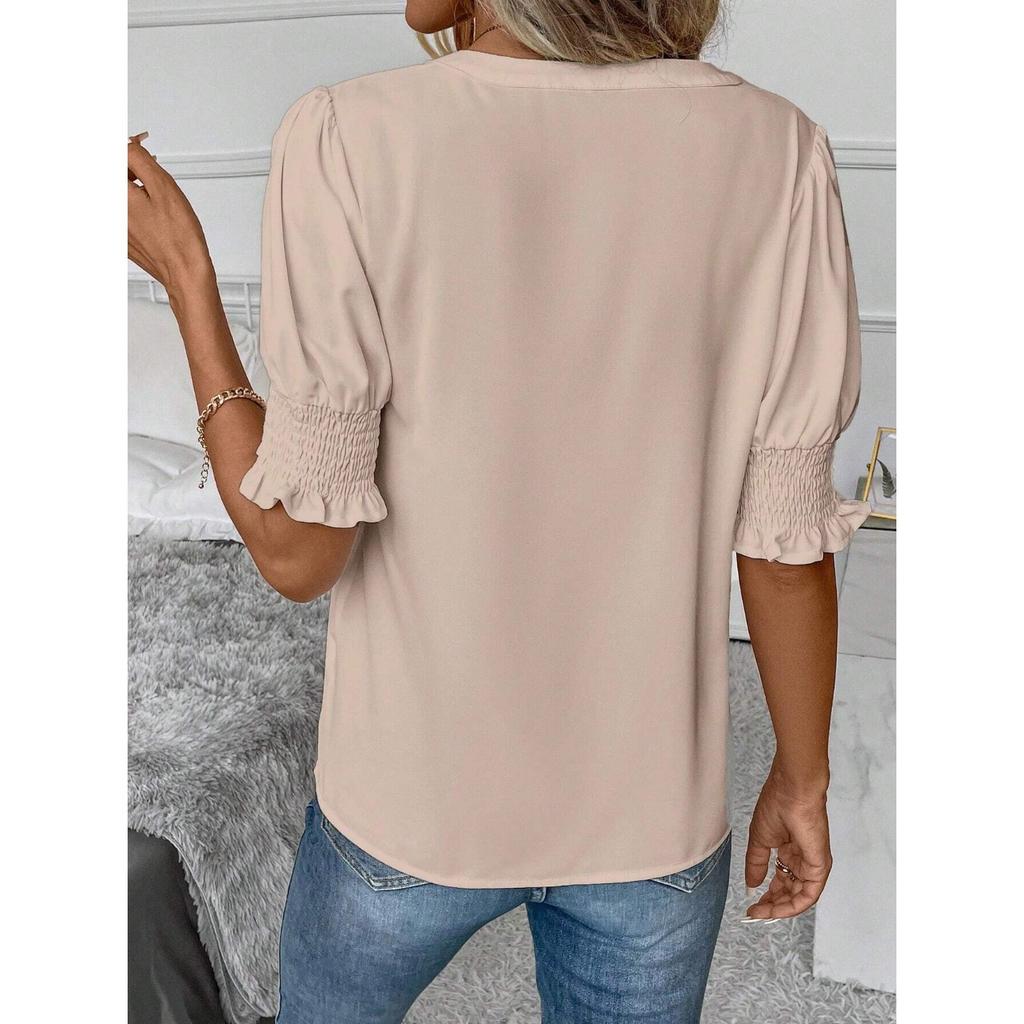 GMXIA Women's Summer V-neck Style Puffy Sleeve Solid Color Blouse Blouse
