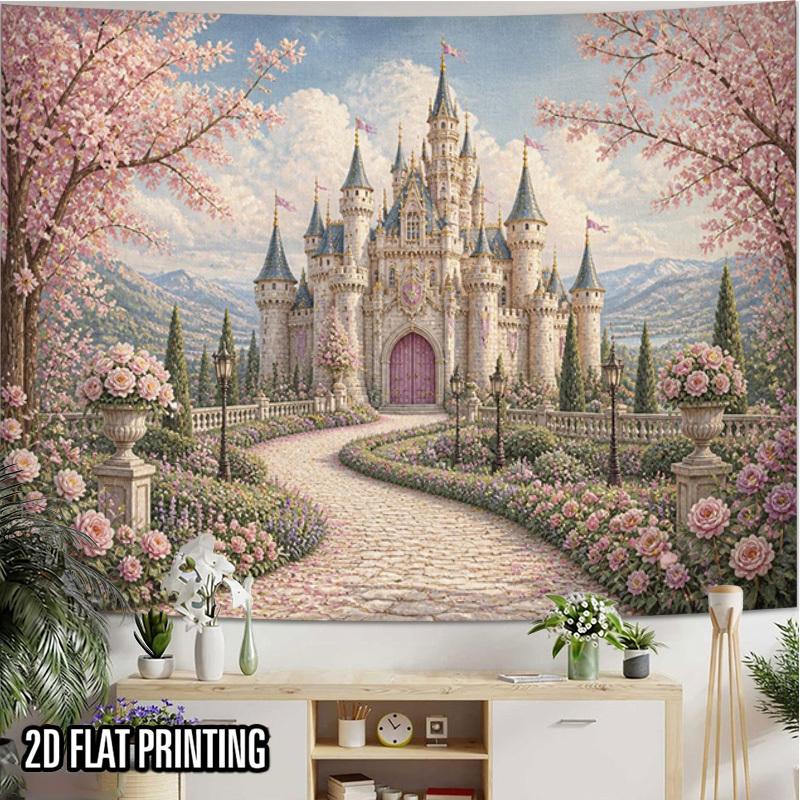 2D Flat - 2D Flat - 2D Flat Print 1pc Tapestry Pink Cherry Castle Tapestry Fairy Tale Home Decor Wall Hanging Ideal Interior Decor for Bedrooms, Livin
