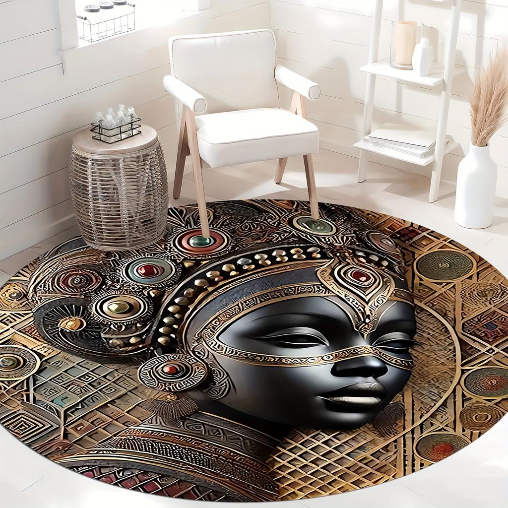 Vintage African Tribal Round Rug, Intricate Geometric Pattern Mat, Soft Washable Polyester Carpet for Living Room, Bedroom Decor
