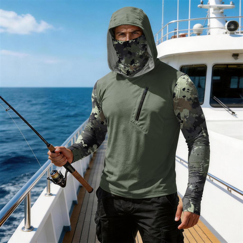 Men's Casual Camouflage Print Hooded Long Sleeve Sun Protection Shirt Lightweight Breathable Outdoor Activewear