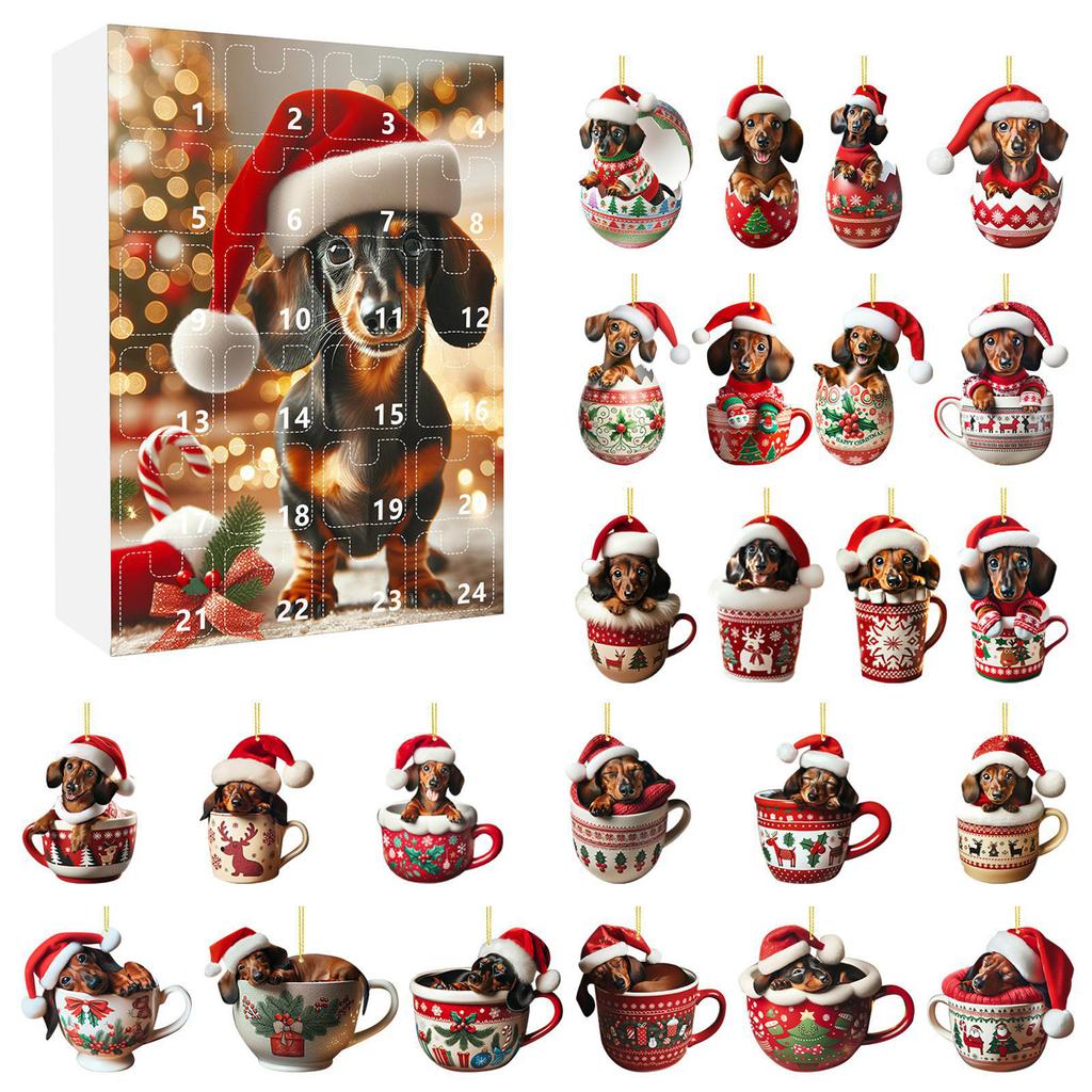 24 Days Dachshunds Christmas Holiday Advent Calendar 2D Acrylic Dachshunds Ornament Countdown Calendar Xmas Tree Hanging Pendant