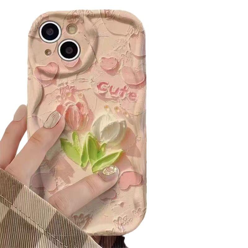 Pink Tulip for IPhone 17 Mobile Phone Case 16 Promax Female for IPhone 14 Plus Cartoon 13 Cream Pattern 15