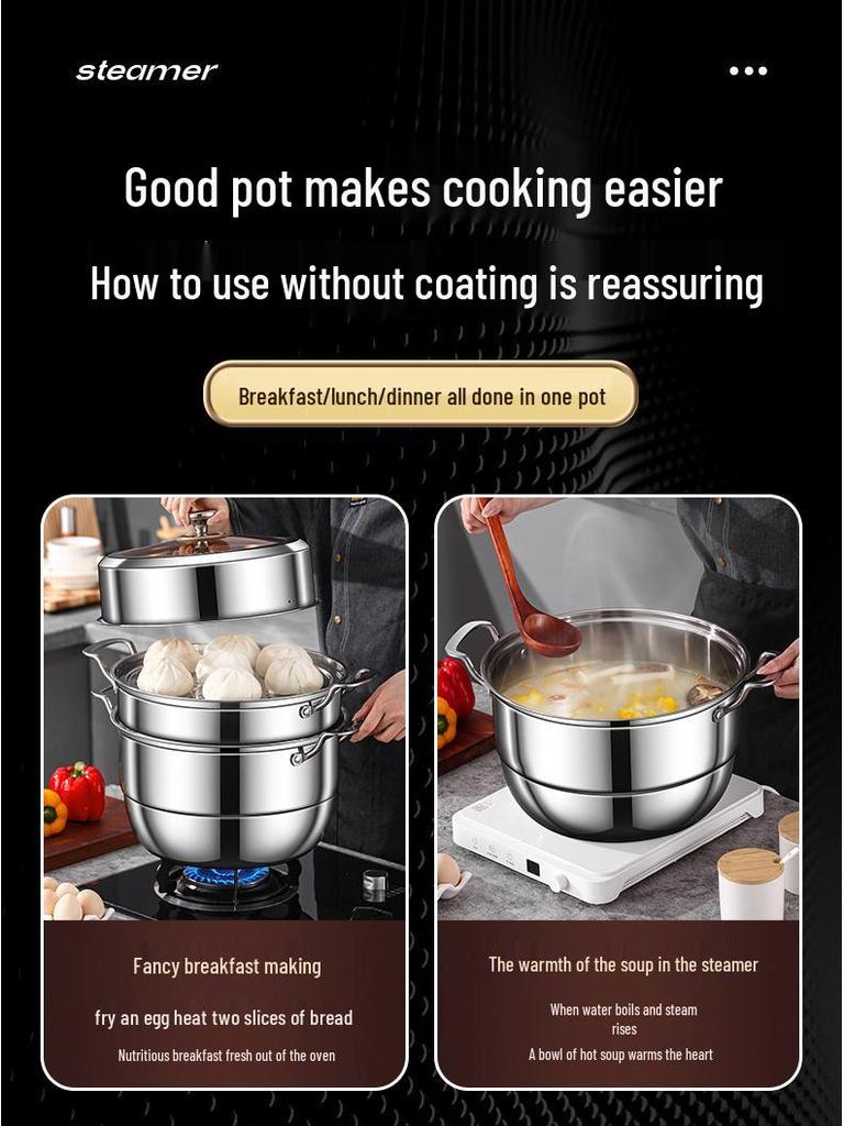 Three-Layer 304 Steel Steamer Pot with Large Capacity for Multi-Functional Cooking