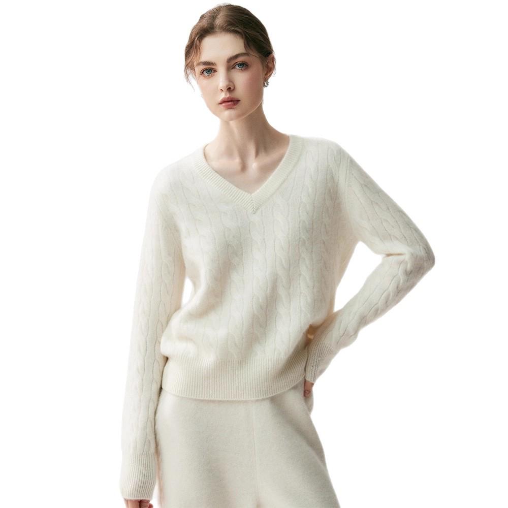 Meng Yi Women's Thick Cable Knit Cashmere V-Neck Sweater - Slimming, Elegant, Loose Fit for Autumn/Winter