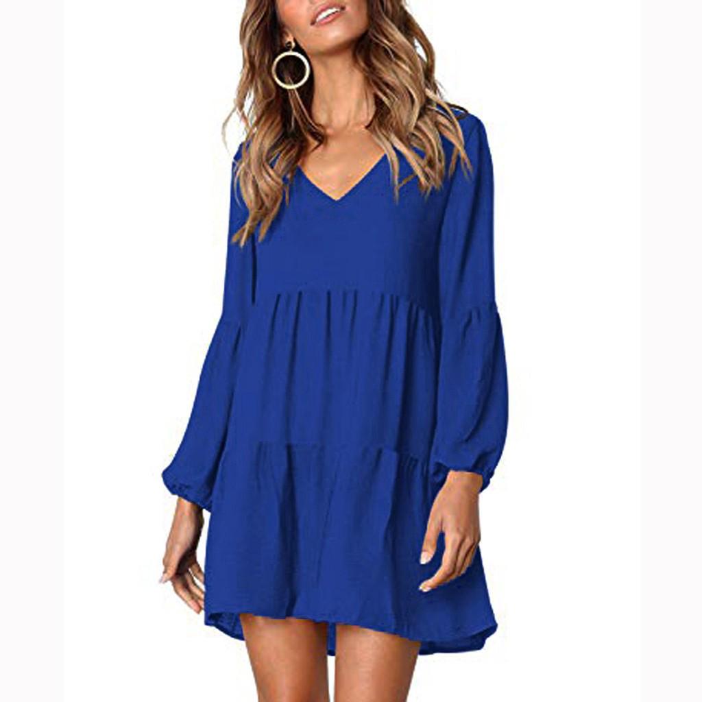 Fashion Women Long Sleeve V-Neck Draped Knee-Length Dress