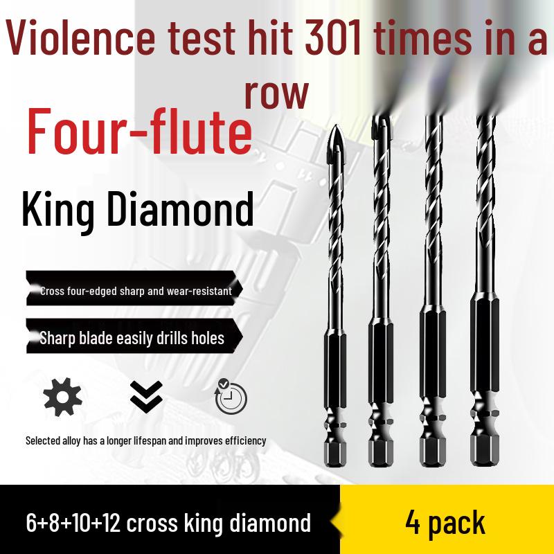 Impact Hex Shank Four-Blade Cross King Drill Bit for Concrete, Tile, and Glass