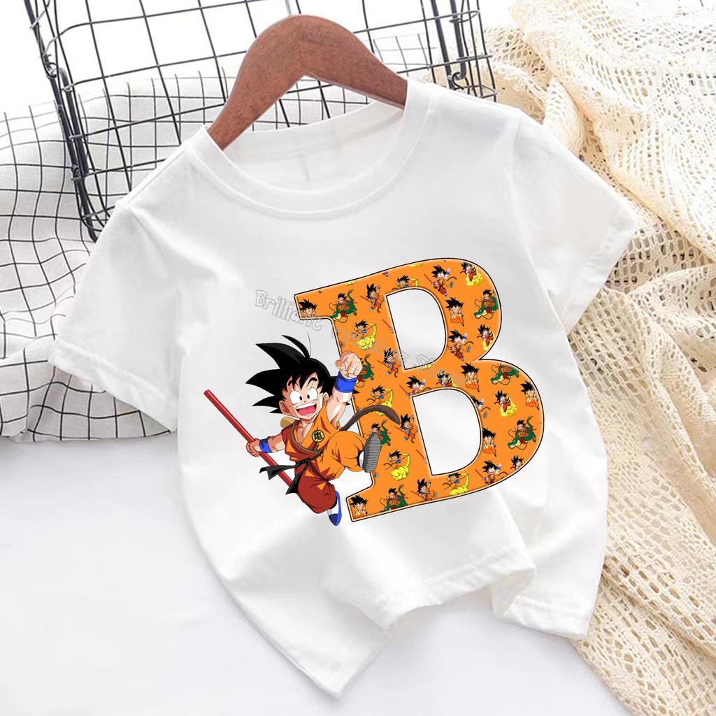 Dragon Ball Goku T-shirt for Children Cartoon Letter A-Z Tee Top Anime Round Collar Clothes Fashion Kids White Clothing Gift