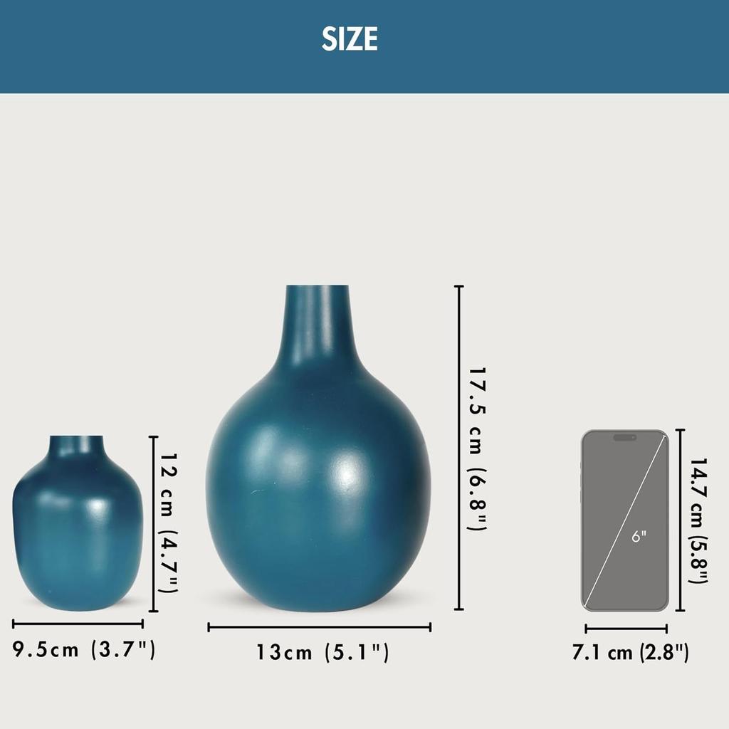 Opal Blue Metal Flower Vase for Home Decor| Decoration Item for Living Room Office| Table Decorative Flower Pot for Gifting | (Pack of 2, Opal Blue