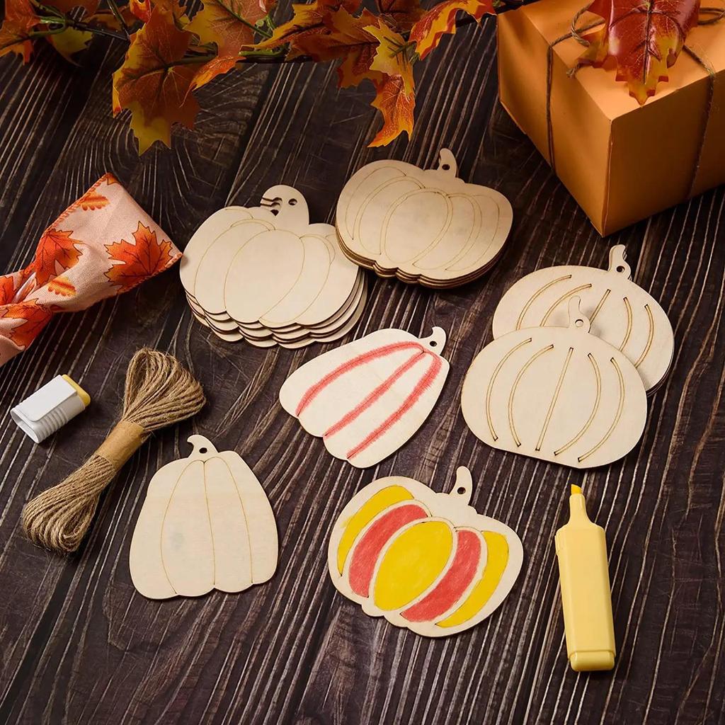 6 Unfinished Wooden Pumpkin Ornaments for DIY Autumn, Halloween, and Thanksgiving Decor