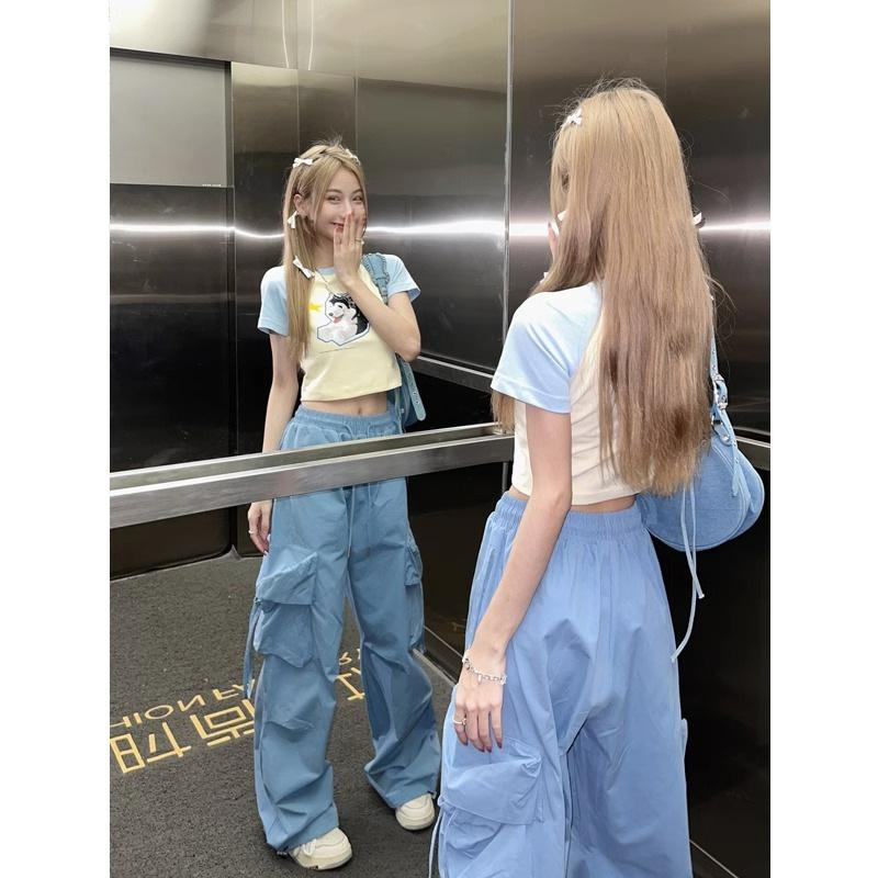 Pantaloni da Lavoro Blu Donna Taglia Piccola Sezione Estiva Sottile Gamba Larga Vita Alta Dritti Drappeggiati