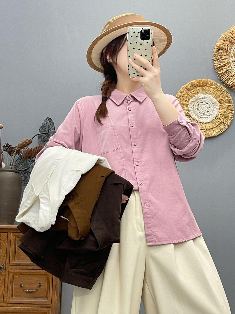 Korean Design Solid Corduroy Cardigan Women's Slimming Top, Long Sleeve Spring 2026 Casual Shirt