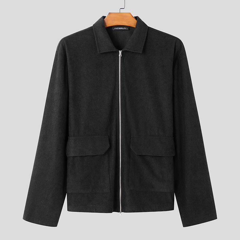 INCERUN Men Lapel Neck Long Sleeve Zipper Corduroy Casual Coats