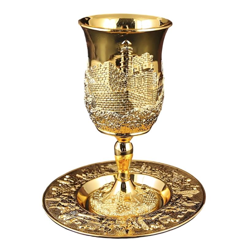 Liquor Serving Cup with Tray, Relief Pattern Metal Goblet for Dining Table Placement, Cabinet Use, and Baijiu Tasting