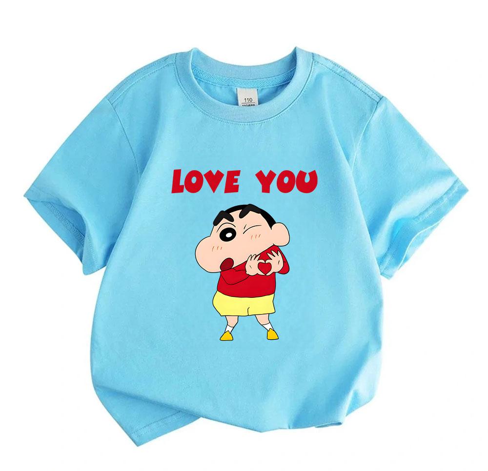 Kids Boys Girls Crew Neck Short Sleeve 100% Cotton T-Shirt, Cute Cartoon Character Print LOVE YOU Heart Pattern Casual Breathable Summer Tee for Child