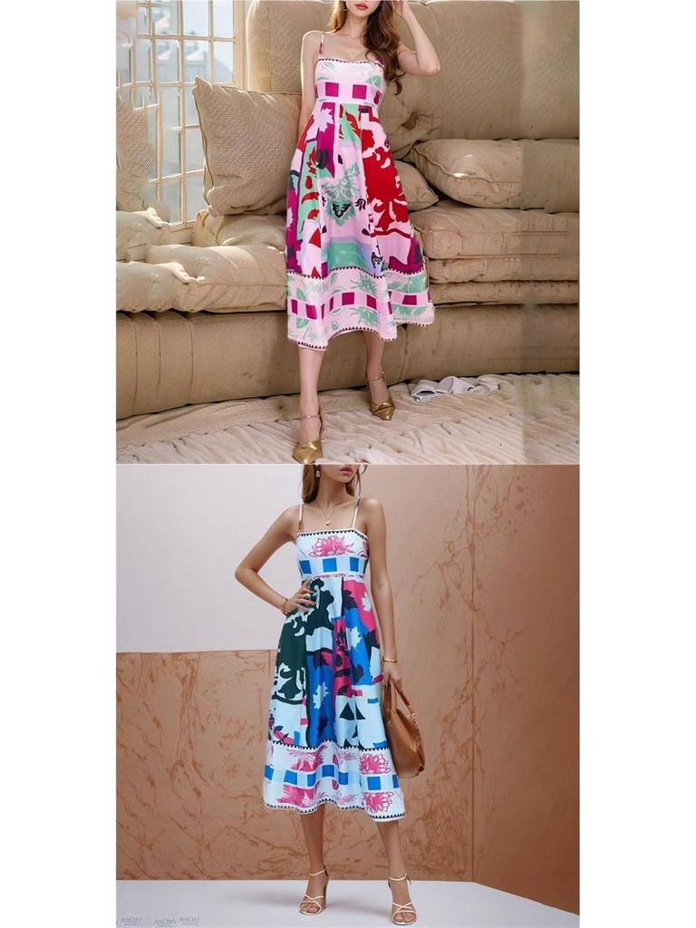 Frühling 2026 Europäisches & Amerikanisches Damenkleid mit Graffiti-Print - Sexy Spaghettiträger, Ärmellos, Großes Saumdesign