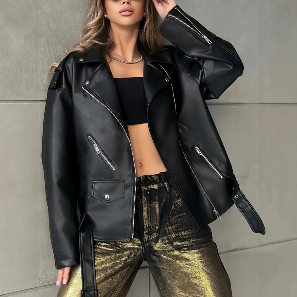 New women's PU leather jacket autumn and winter retro cycling motorcycle suit BF style women's leather jacket