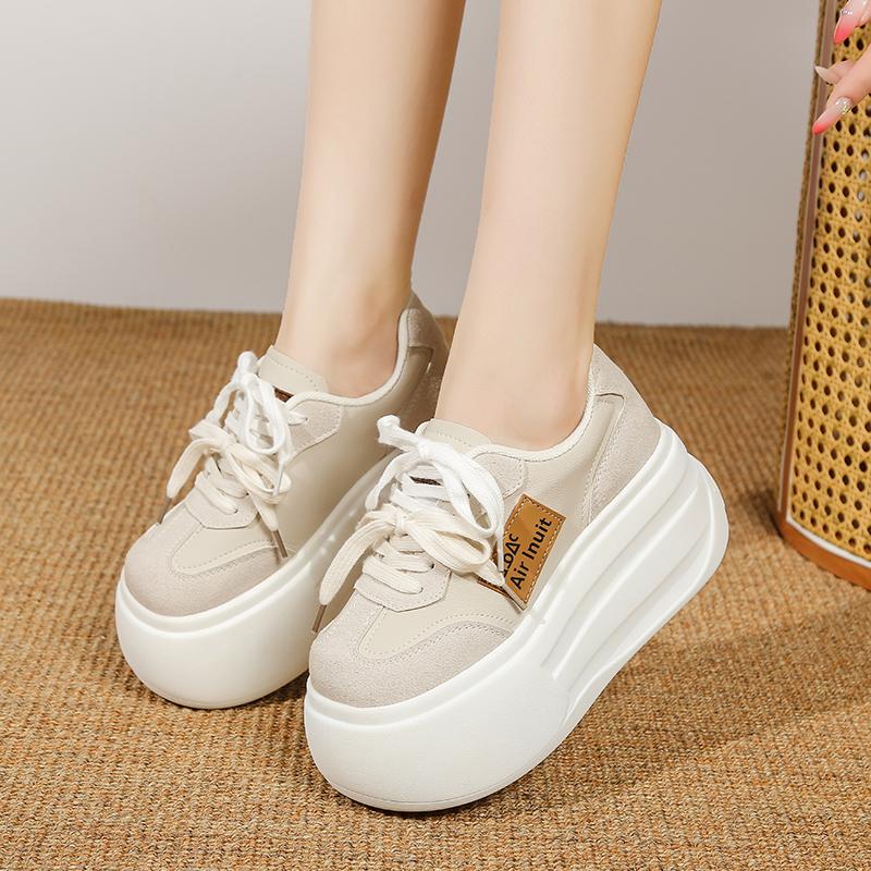 Fashion 7 CM Women's Autumn Thick Bottom Shoes Breathable Microfiber Leather Vulcanize Flat Platform Sneakers White Walking Shoes
