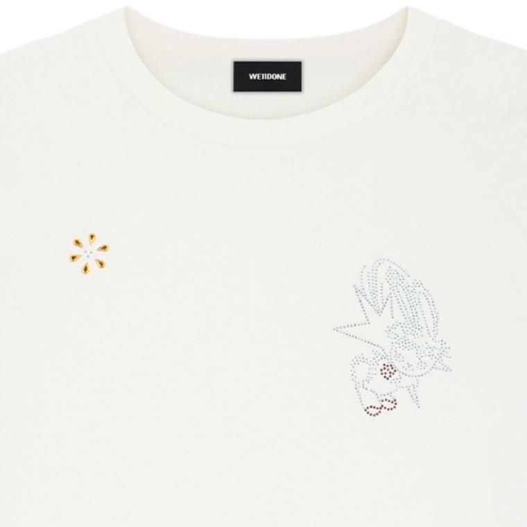 We11done Rhinestone Pattern Bleached Long Sleeve T-Shirt Unisex Tops Off-White WD-TT2-24-776-U-IV