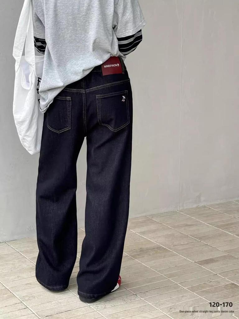 Unisex Wide-Leg Velvet Jeans with Cherry Embroidery for Girls - Loose Fit, Solid Color, Ideal for Middle and Older Children