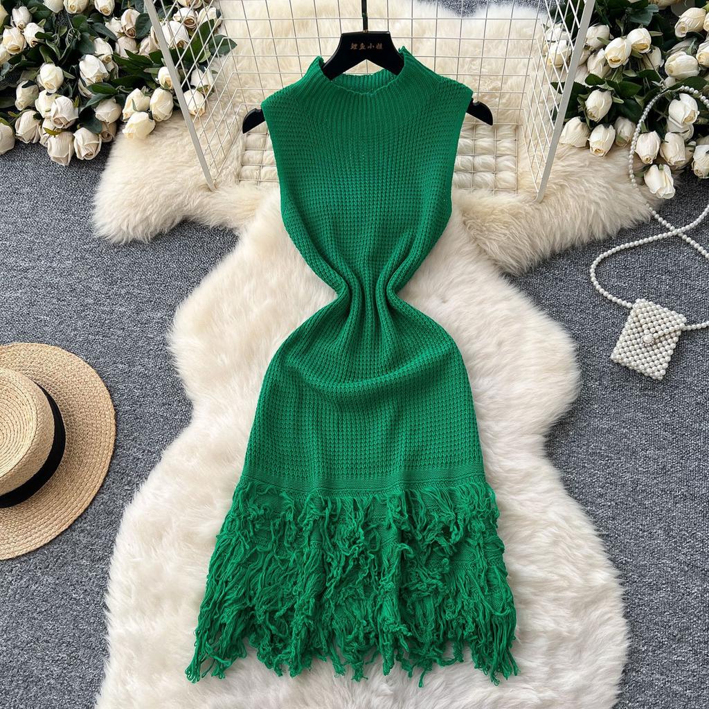 European and American fashion sleeveless dress women's summer high-end sense slim temperament fringed sweater skirt women's skirt